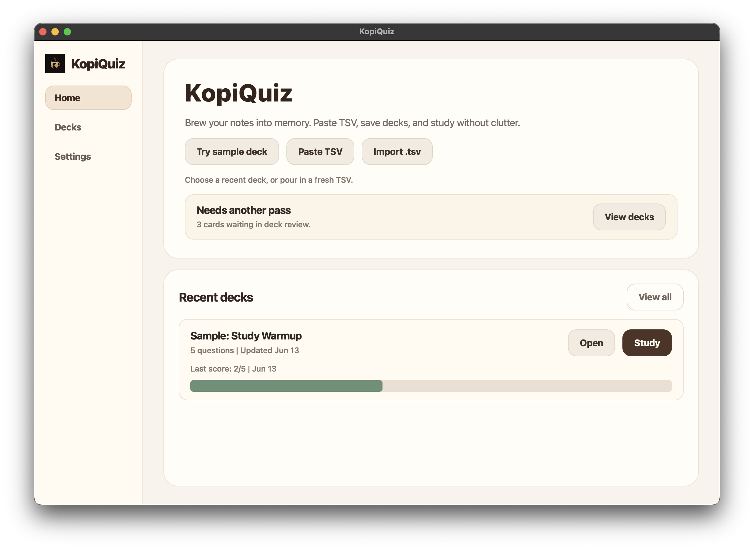KopiQuiz home screen showing unresolved missed cards waiting for review